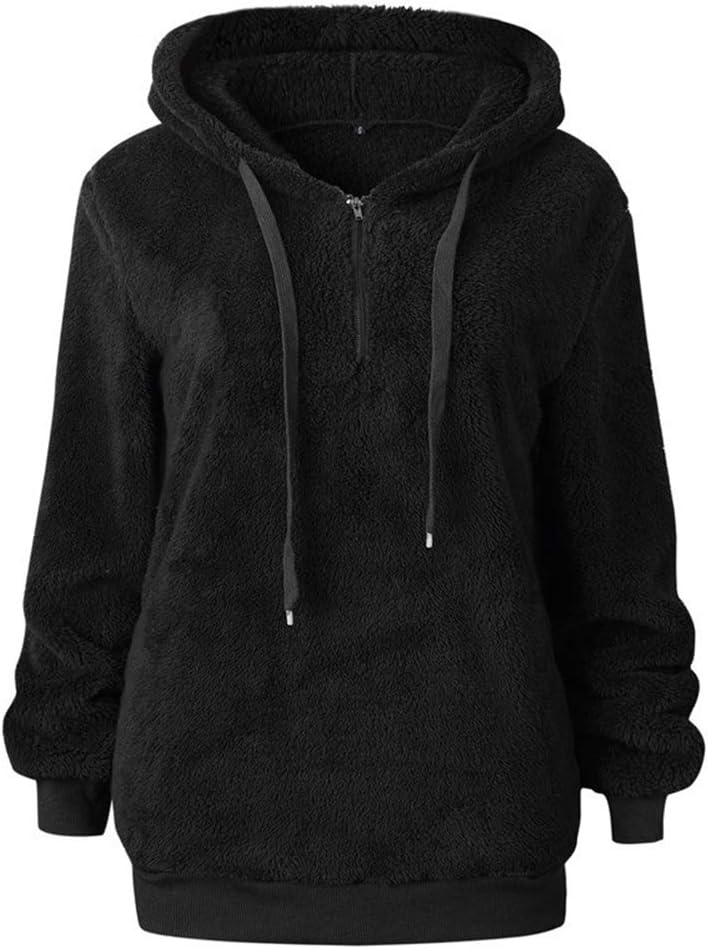 ALWAYS Womens Comfy Fleece Sherpa Hoodie  Oversized Fluffy Fuzzy Pullover Sweatshirt Sweater with Pockets Black S