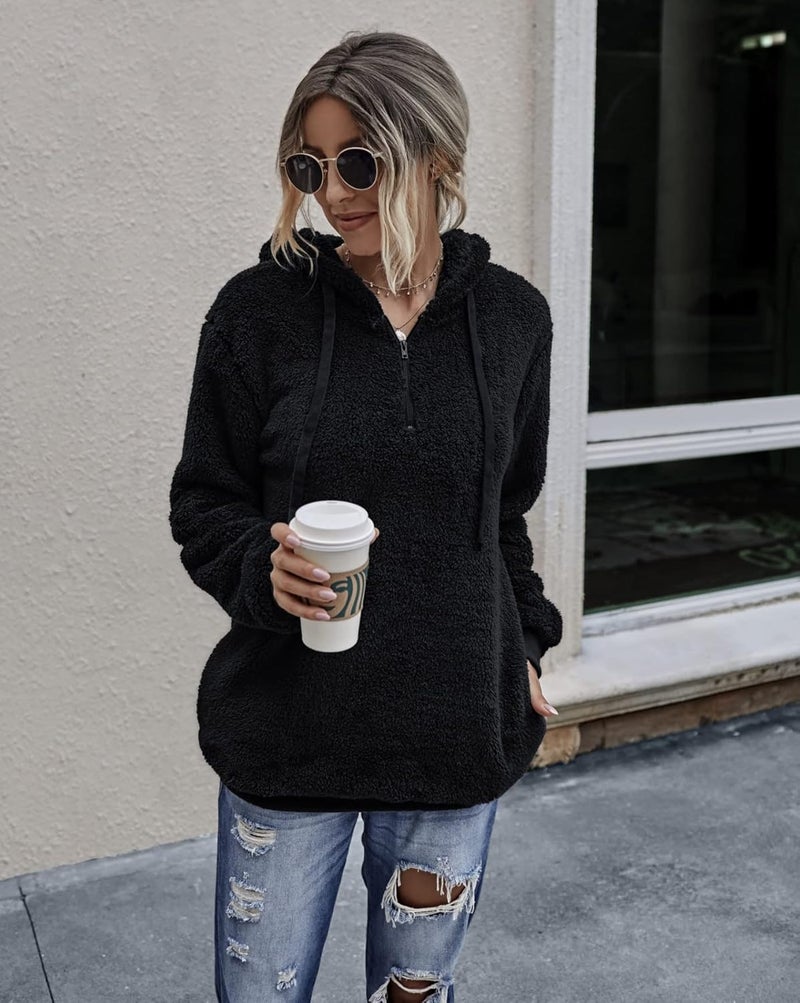 ALWAYS Womens Comfy Fleece Sherpa Hoodie  Oversized Fluffy Fuzzy Pullover Sweatshirt Sweater with Pockets Black S