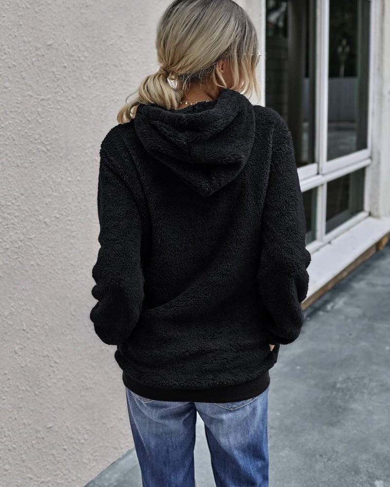 ALWAYS Womens Comfy Fleece Sherpa Hoodie  Oversized Fluffy Fuzzy Pullover Sweatshirt Sweater with Pockets Black S