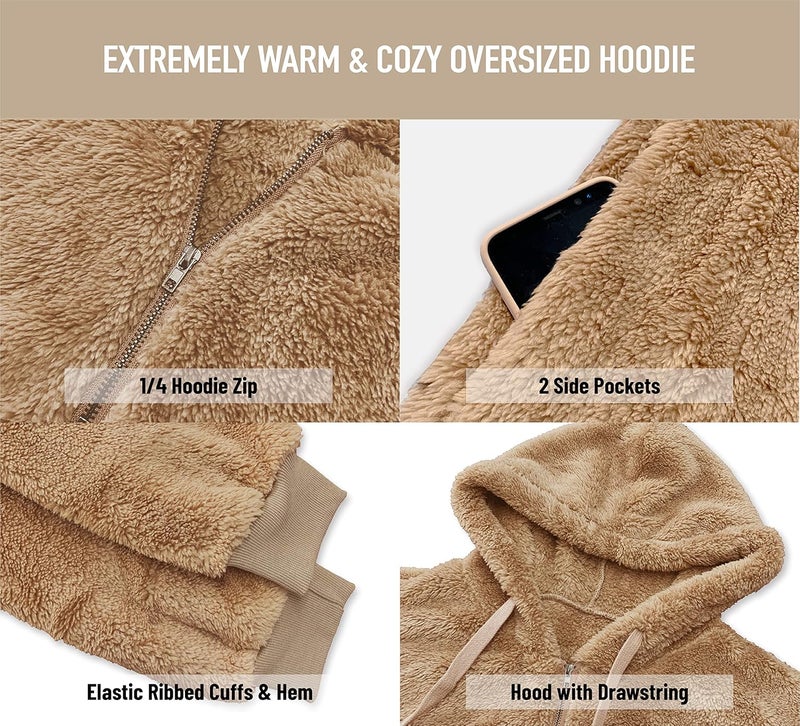 ALWAYS Womens Comfy Fleece Sherpa Hoodie  Oversized Fluffy Fuzzy Pullover Sweatshirt Sweater with Pockets Black S