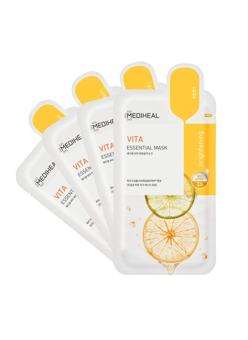 MEDIHEAL Mediheal Best Korean Sheet Mask - Vita Essential Face Mask 4 Sheets Vitamin Mask For All skin types Smoothing Tightening Toning up Brightening 