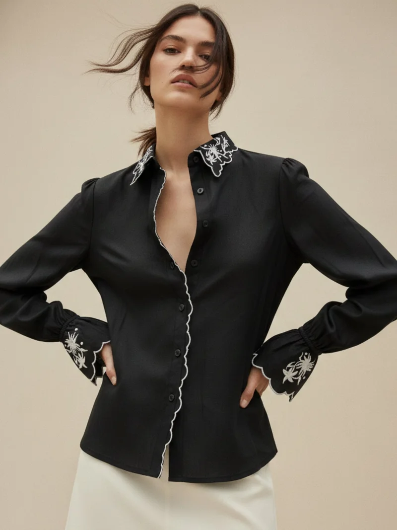أوجيدر Black Shirt With Embroidery Detail