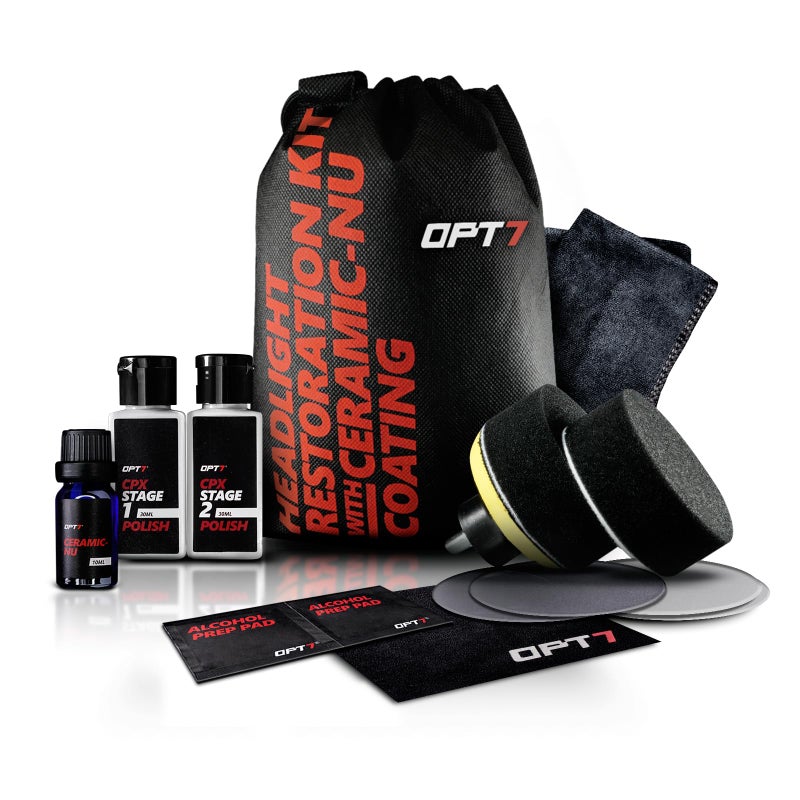 OPT7 Headlight Restoration Kit with Exclusive Ceramic Nu Coating  Professional Detailers Grade  Lens Polisher Drill Set