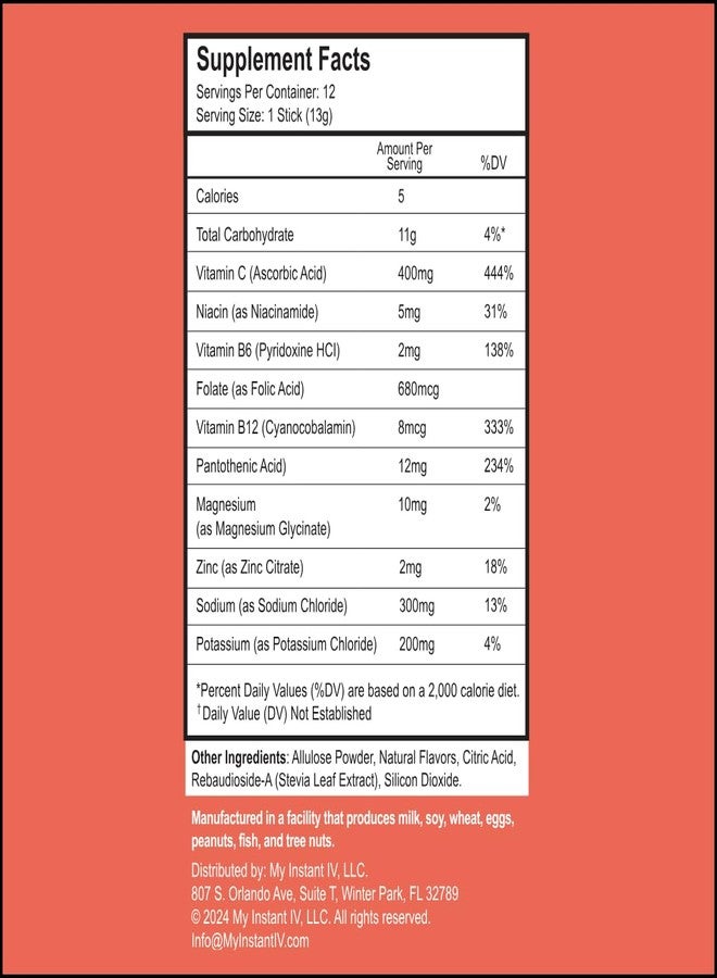 Instant IV Electrolytes Powder - 3X Electrolytes, Zero Sugar with Vitamin C, B3, B6, Electrolytes Powder Packets for Hydration, Recovery & Immunity, Vegan & Gluten Free | Peach - 12 Packets - Image 4