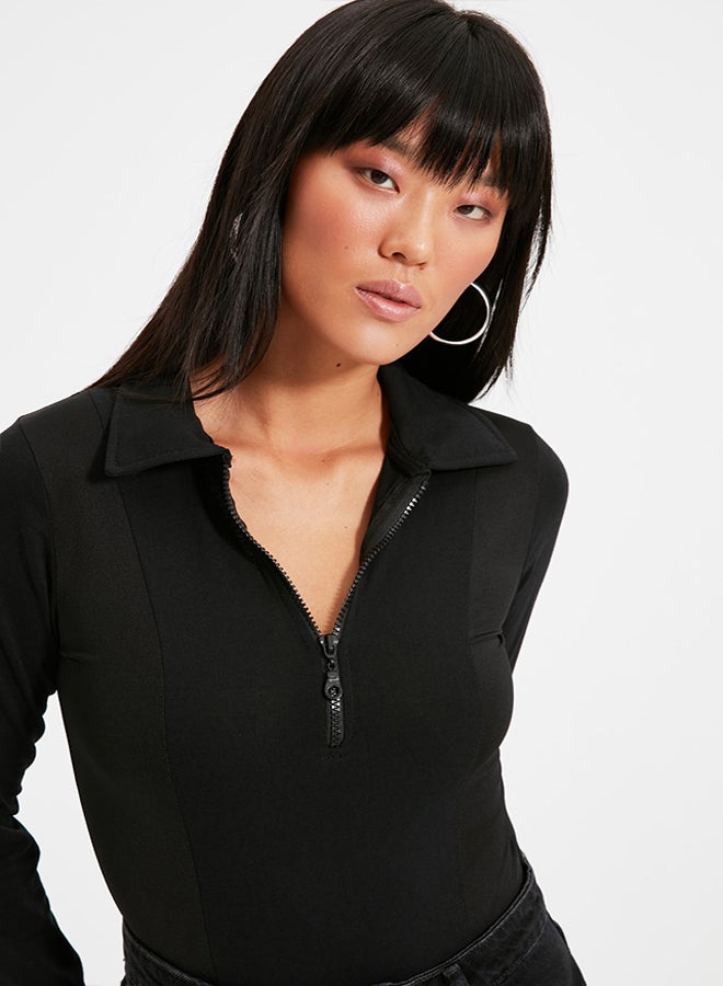 Black Zippered Polo Neck Fitted/Situated Flexible Snaps Knitted Body TWOAW21BD0066