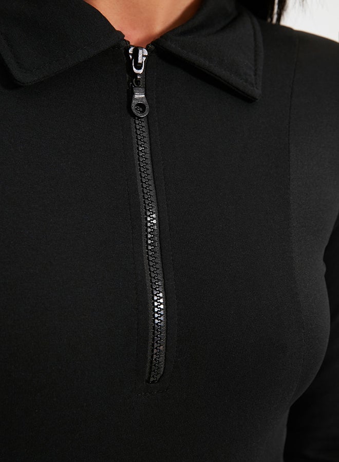 Black Zippered Polo Neck Fitted/Situated Flexible Snaps Knitted Body TWOAW21BD0066