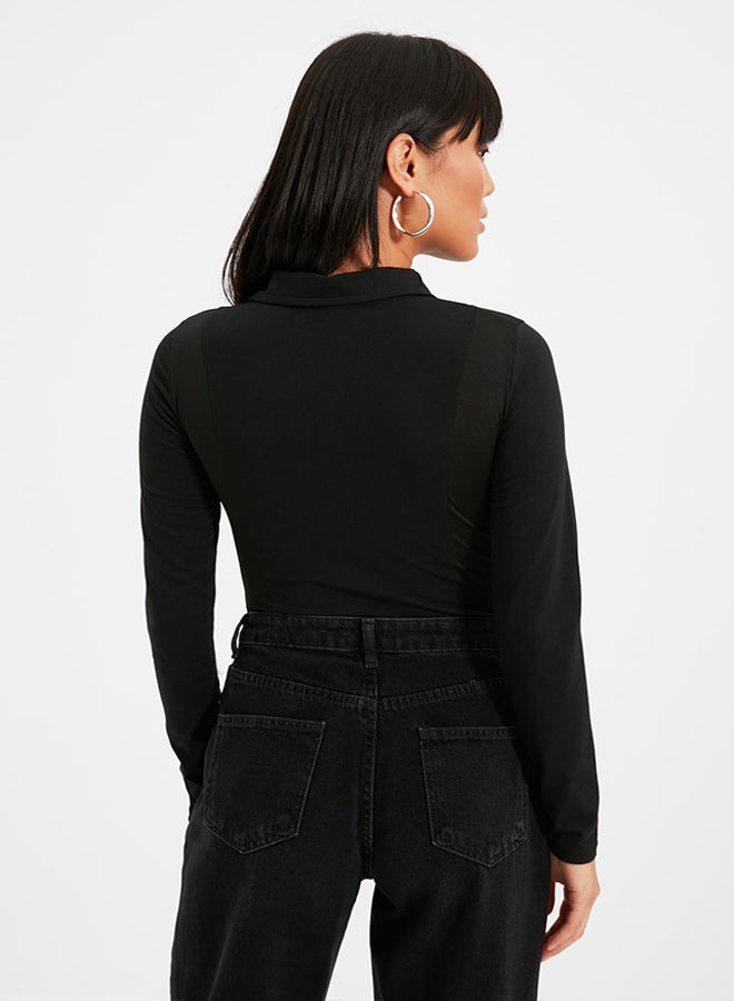 Black Zippered Polo Neck Fitted/Situated Flexible Snaps Knitted Body TWOAW21BD0066