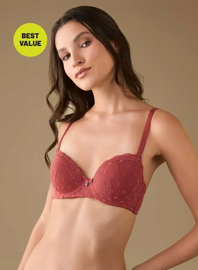 Splash FAV Mesh Textured Bra with Hook and Eye Closure and Lace Detail