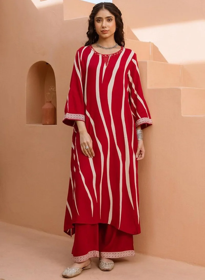 ISHIN Women's Red Rayon Self Designed Tunic Upper Full Length Palazzo Bottom Regular Fit 2 Piece Kurta Set