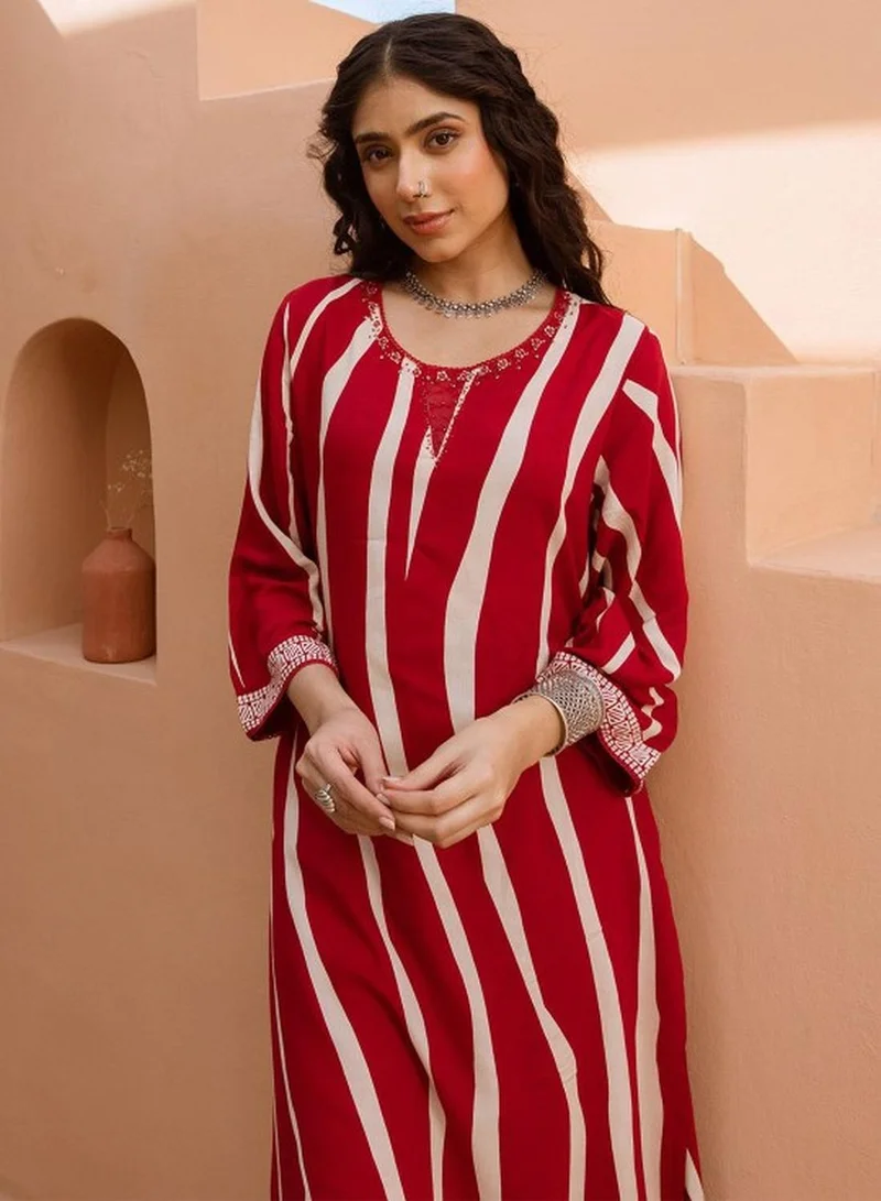 ISHIN Women's Red Rayon Self Designed Tunic Upper Full Length Palazzo Bottom Regular Fit 2 Piece Kurta Set