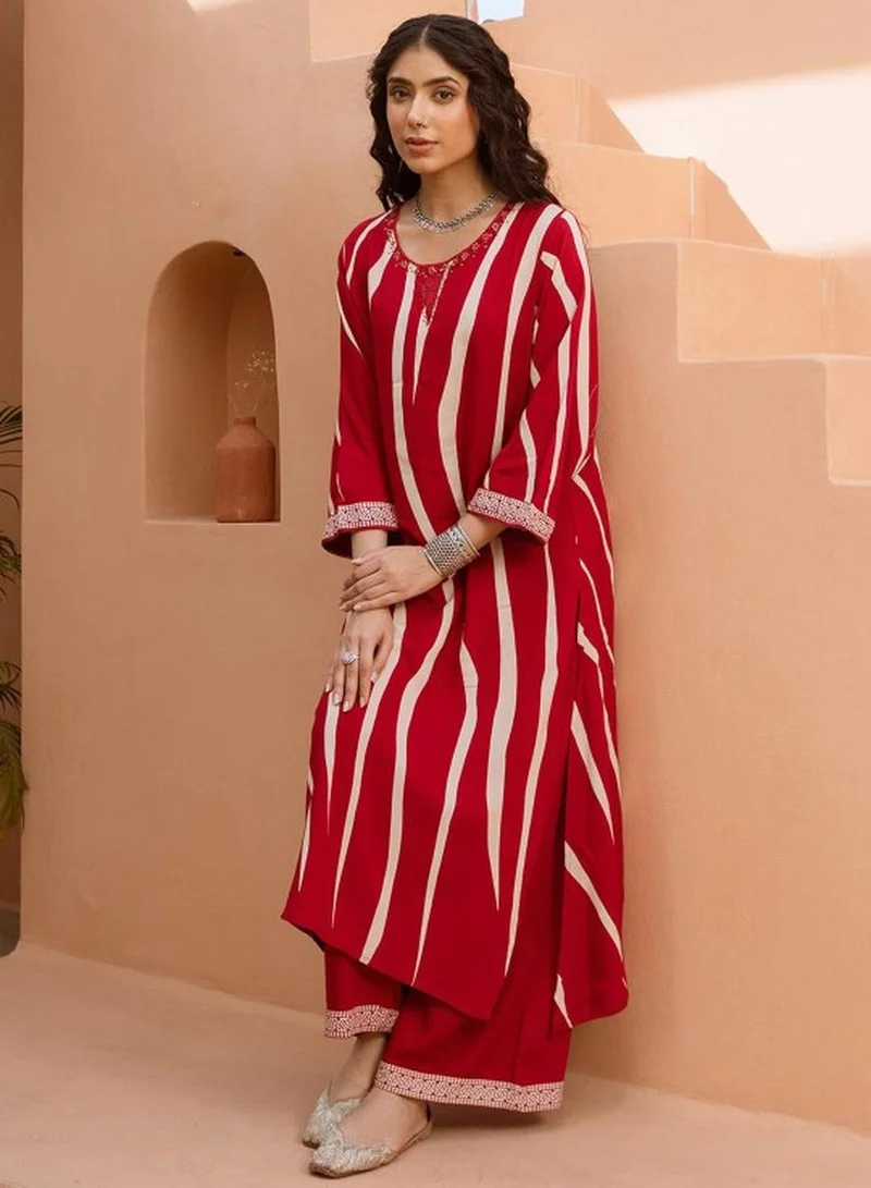 ISHIN Women's Red Rayon Self Designed Tunic Upper Full Length Palazzo Bottom Regular Fit 2 Piece Kurta Set