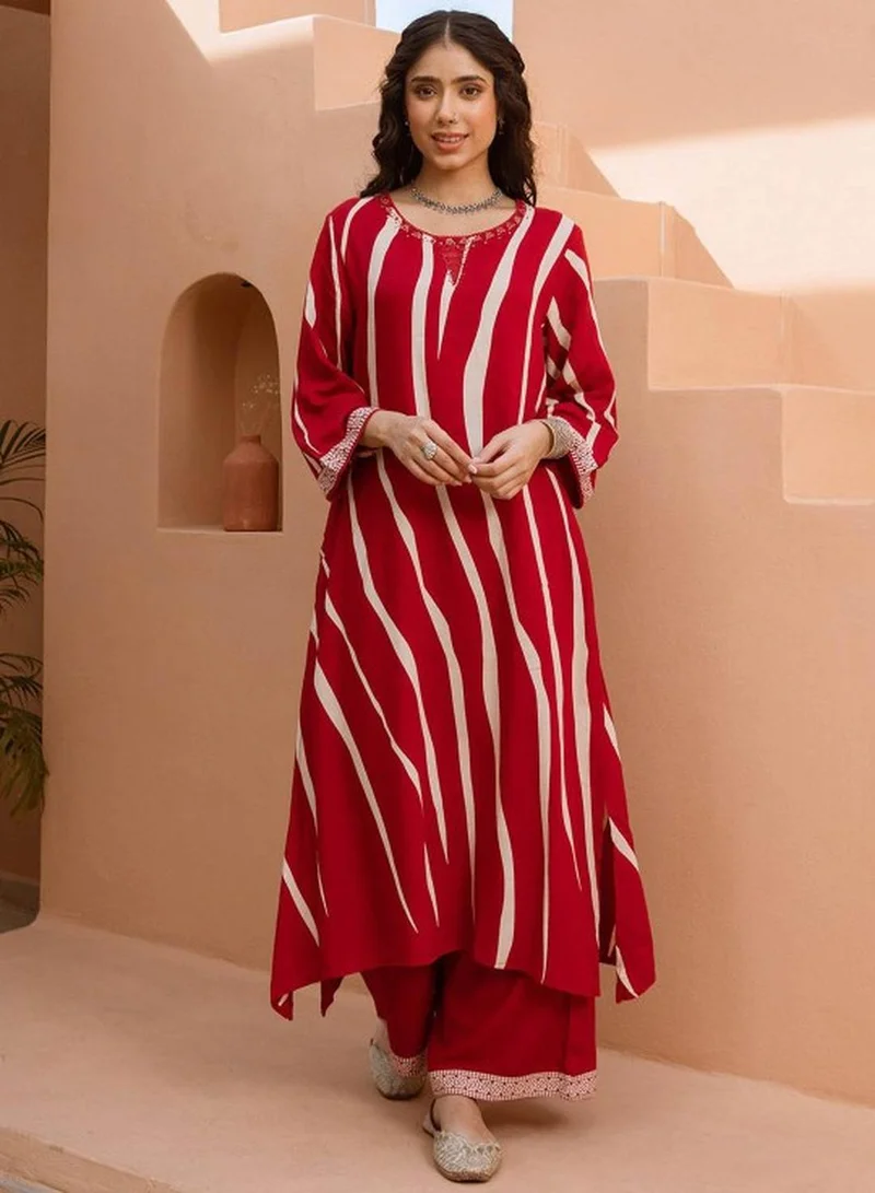 ISHIN Women's Red Rayon Self Designed Tunic Upper Full Length Palazzo Bottom Regular Fit 2 Piece Kurta Set