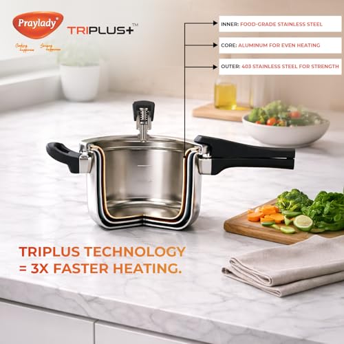 PrayLady Triply Pressure Cooker 2 LTR with SAS Body, Bakelite Handle | Vitro Ceramic, Halogen, Induction and Gas Compactible | Fast and Even Cooking | ISI Certified | 5 Year Warranty - Image 2