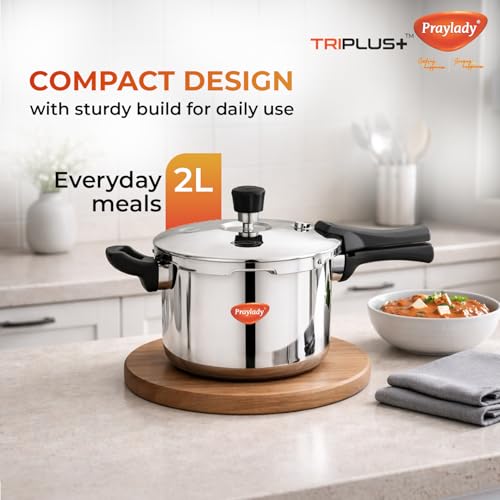 PrayLady Triply Pressure Cooker 2 LTR with SAS Body, Bakelite Handle | Vitro Ceramic, Halogen, Induction and Gas Compactible | Fast and Even Cooking | ISI Certified | 5 Year Warranty - Image 3
