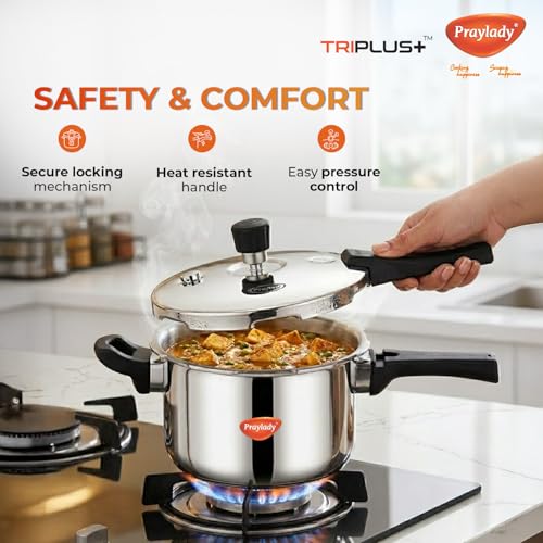 PrayLady Triply Pressure Cooker 2 LTR with SAS Body, Bakelite Handle | Vitro Ceramic, Halogen, Induction and Gas Compactible | Fast and Even Cooking | ISI Certified | 5 Year Warranty - Image 4