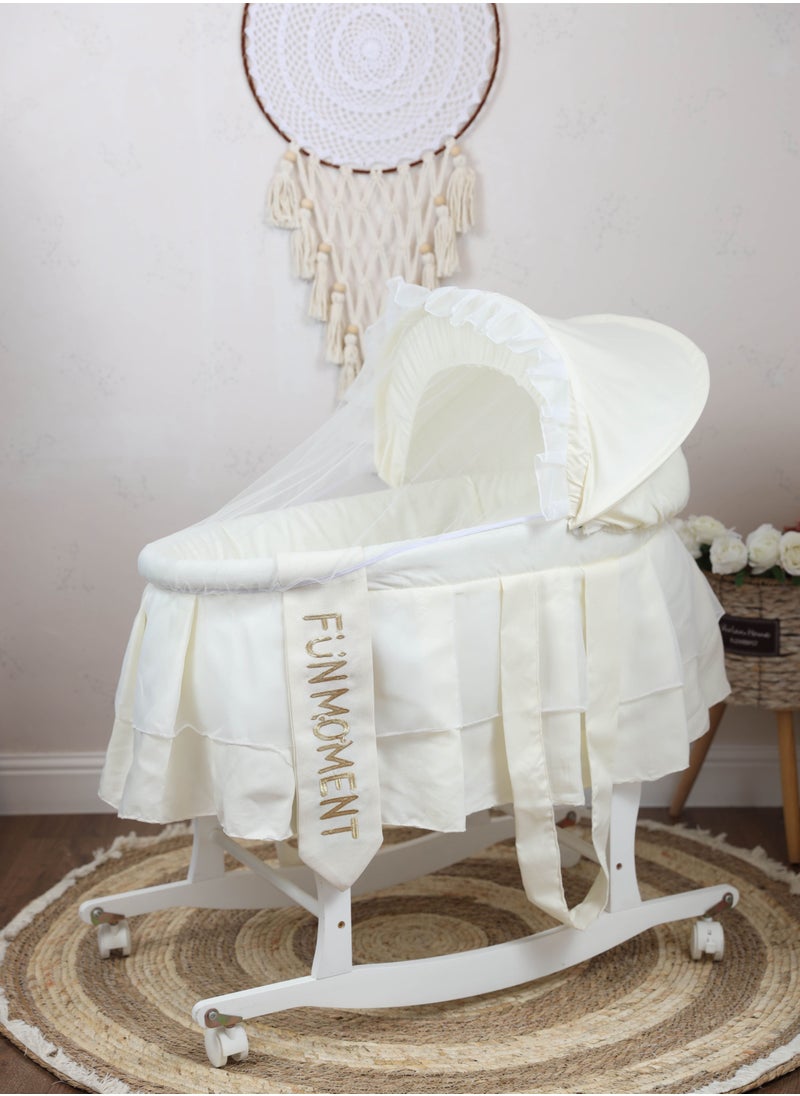 FUN MOMENT - Baby cradle Moses basket for babies with mosquito net with white holder with wheels - Image 1