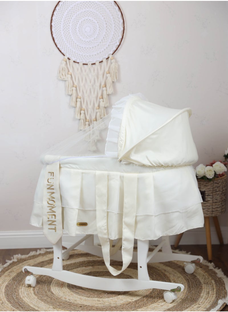 FUN MOMENT - Baby cradle Moses basket for babies with mosquito net with white holder with wheels - Image 1