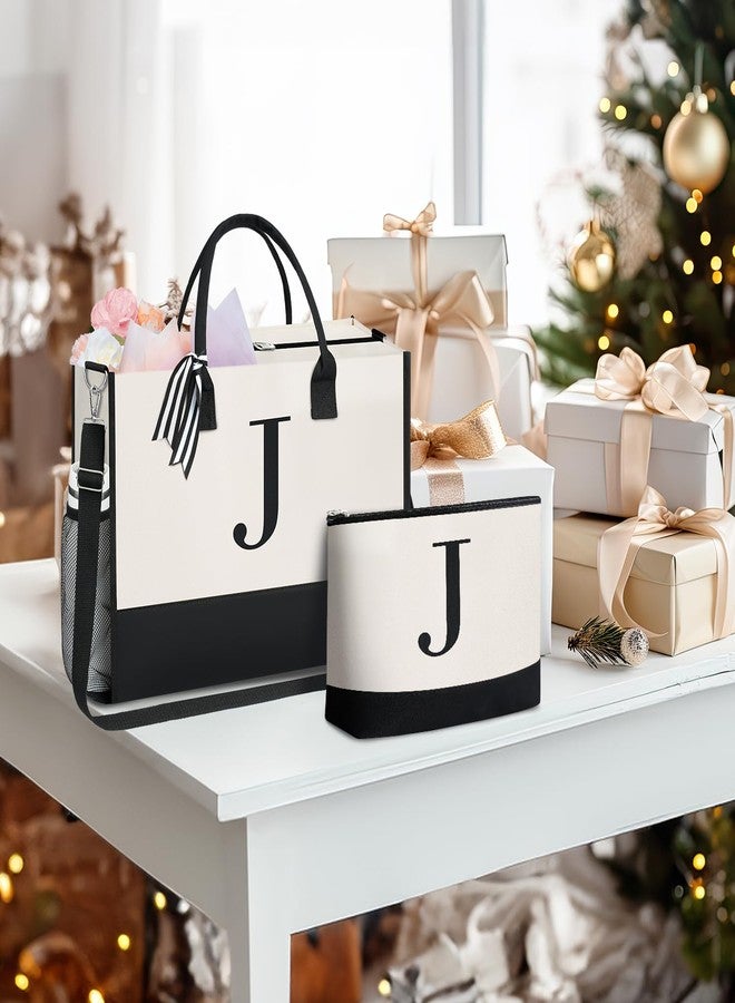 باجيل حقيبة تسوق تحمل الأحرف الأولى من اسم BAGAIL، هدايا عيد ميلاد شخصية للنساء، المعلمات، الصديقات، الأمهات، حفلات الزفاف، حقيبة شاطئ منقوشة (لون عاجي - قطعتان، J) - Image 4