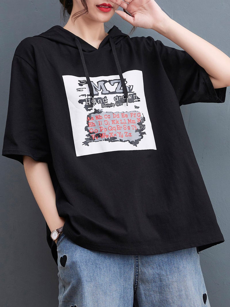 Women Loose T-shirt Hooded Half Sleeves Printed Plus Size T-shirts - Image 5