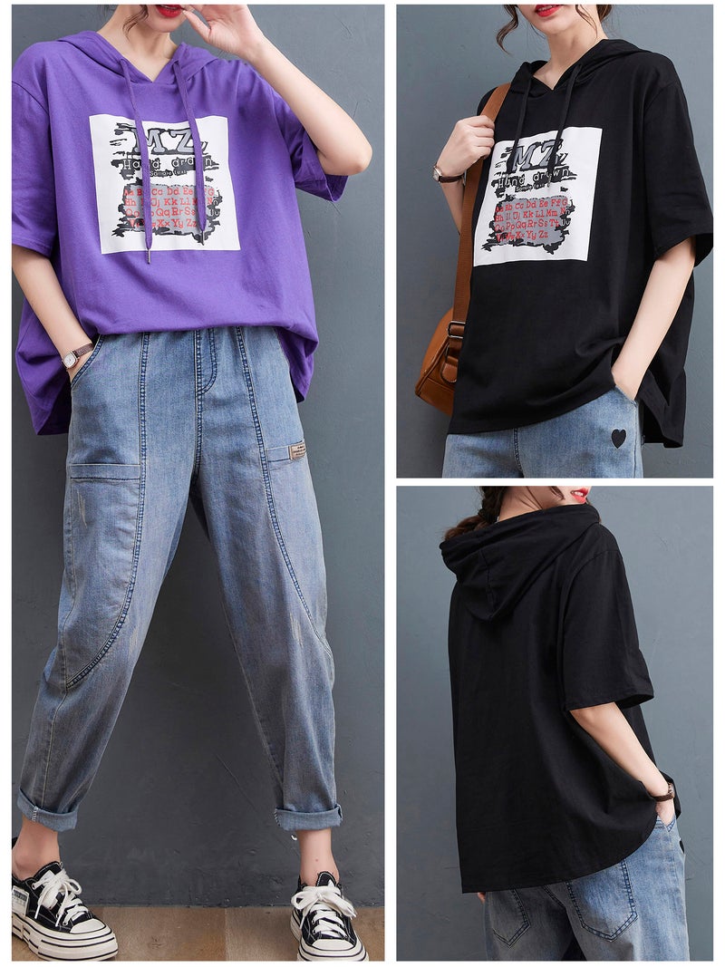 Women Loose T-shirt Hooded Half Sleeves Printed Plus Size T-shirts - Image 4