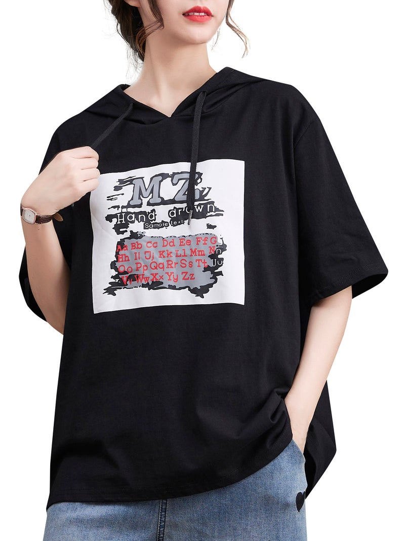Women Loose T-shirt Hooded Half Sleeves Printed Plus Size T-shirts - Image 1