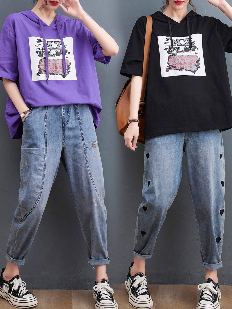 Women Loose T-shirt Hooded Half Sleeves Printed Plus Size T-shirts - Image 3