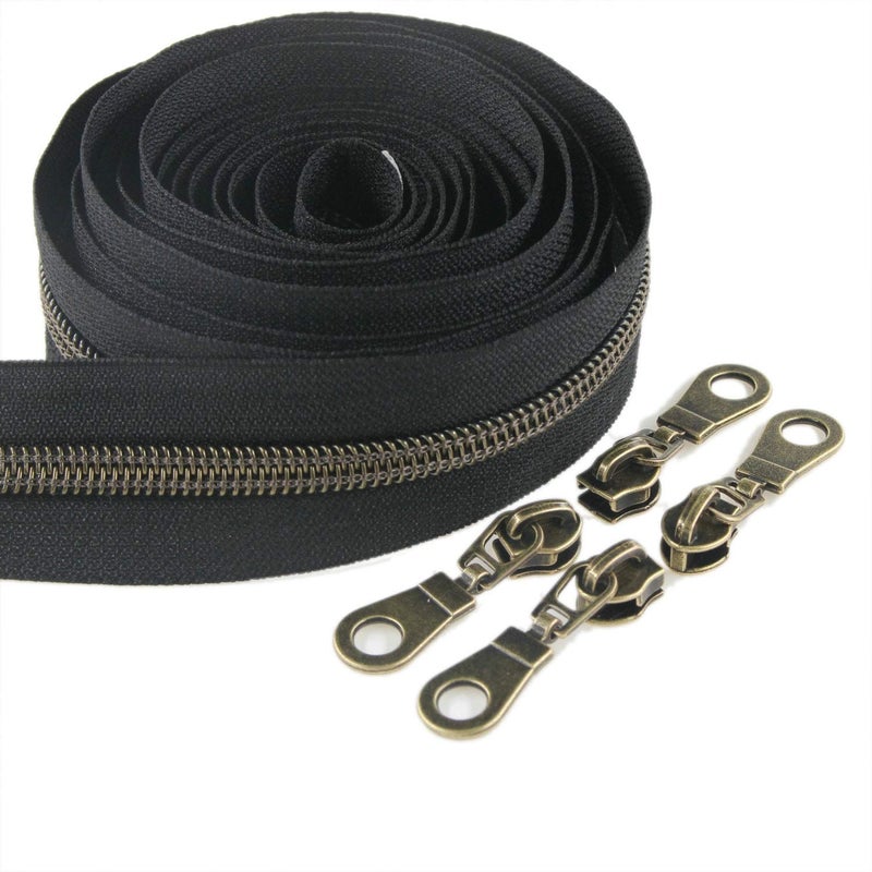 Leekayer 5 Antique Brass Metallic Nylon Coil Zippers by The Yard Bulk 10 Yards Black Zipper Tape with 25pcs Brass Sliders for DIY Sewing Tailor Craft Bag Black