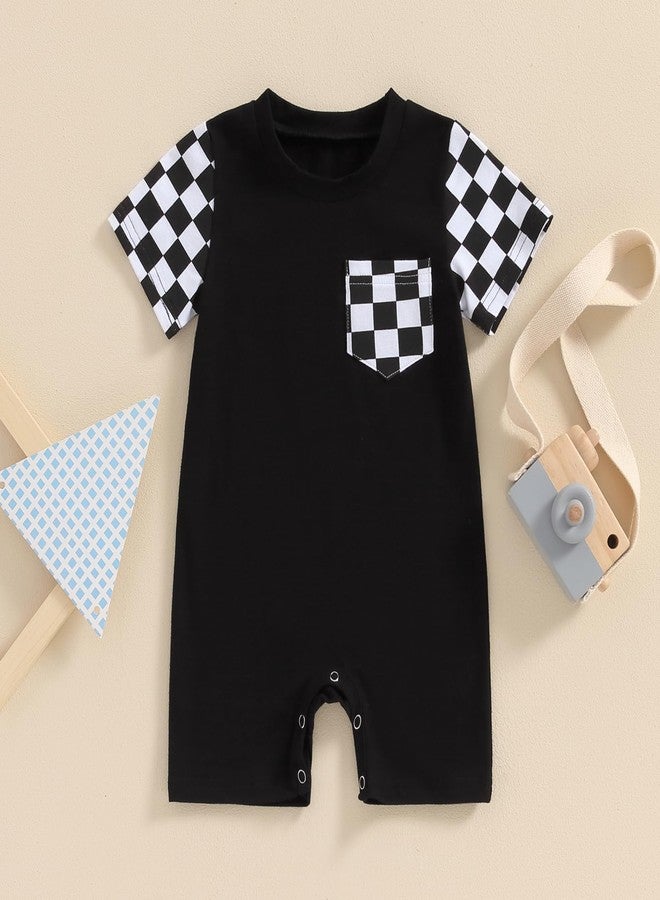 Karuedoo Newborn Baby Boy Girl Clothes Checkered Plaid Romper Jumpsuit Short Sleeve One-Piece Bodysuit Infant Summer Outfit (A-Black, 0-3 Months) - Image 2