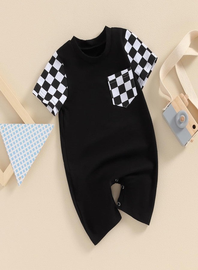 Karuedoo Newborn Baby Boy Girl Clothes Checkered Plaid Romper Jumpsuit Short Sleeve One-Piece Bodysuit Infant Summer Outfit (A-Black, 0-3 Months) - Image 3