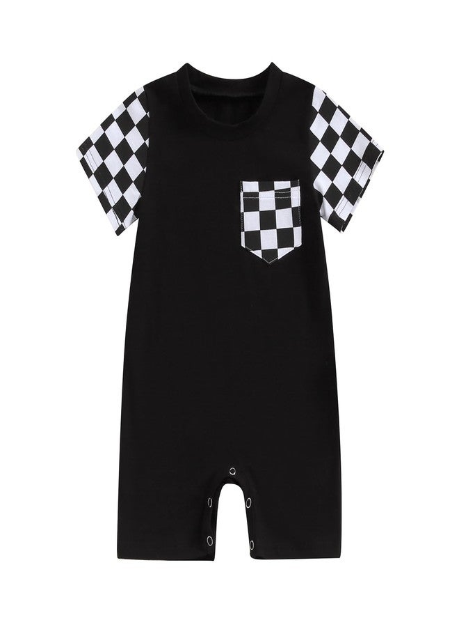 Karuedoo Newborn Baby Boy Girl Clothes Checkered Plaid Romper Jumpsuit Short Sleeve One-Piece Bodysuit Infant Summer Outfit (A-Black, 0-3 Months) - Image 1
