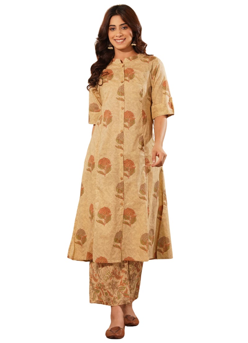 rytras Women's Pure Cotton Printed Ethnic Wear A-Line Kurta Set with Palazzo Pants(RYT643,Beige,XL) - Image 1