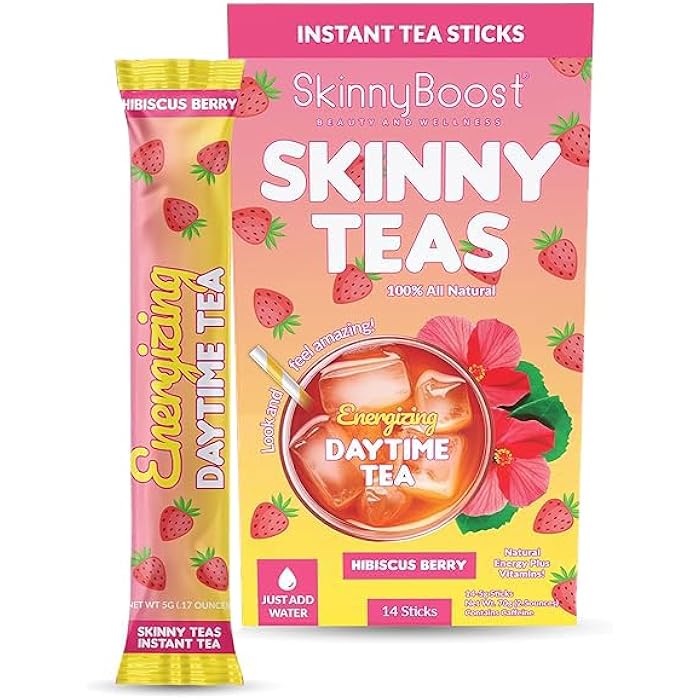 SkinnyBoost Skinny Teas Instant Tea Sticks – Energizing Daytime Tea – 14 Ct – Black & Green Tea with Garcinia Cambogia, Inulin, Vitamin C, B Vitamins & Folate – Clean Energy Boost (Hibiscus Berry) - Image 1