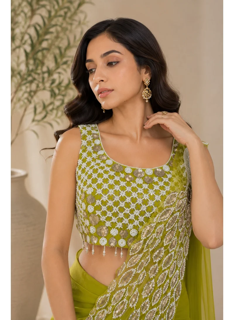 Lehar Lime Green Ready-to-Drape Saree with Hand Embroidered Mirror Work Blouse