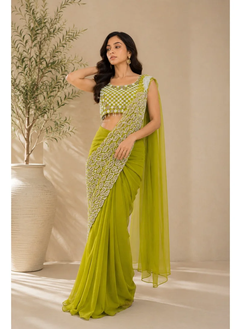 Lehar Lime Green Ready-to-Drape Saree with Hand Embroidered Mirror Work Blouse