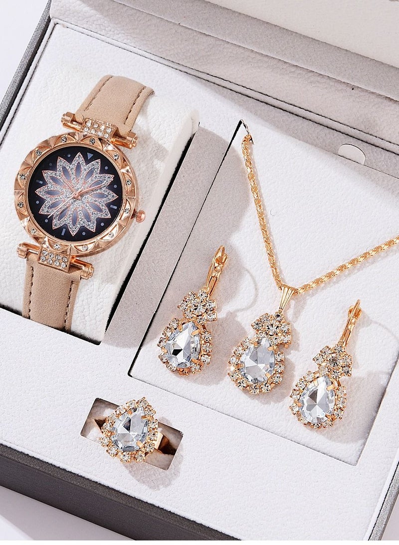 [2023 New Design]Ladies Watch Fashionable Women Quartz Diamond Wristwatch Classic Simple Watches Business Decoration Bangle Bracelet Necklace Ring Earring Girl Gift Set 