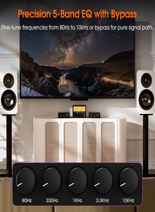 Nobsound D5 4-Way Audio Switch: 5-Band HiFi Stereo EQ Preamp & RCA Splitter w/VU Meter & Headphone Amp for Home Theater/Studio/DJ - Image 4