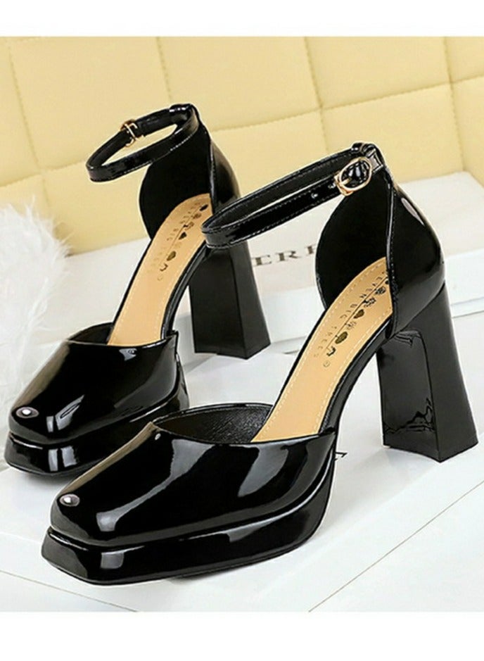 BIGTREE Womens Patent Leather Platform Chunky High Heel Square Closed Toe Pumps Black 9CM - Image 1