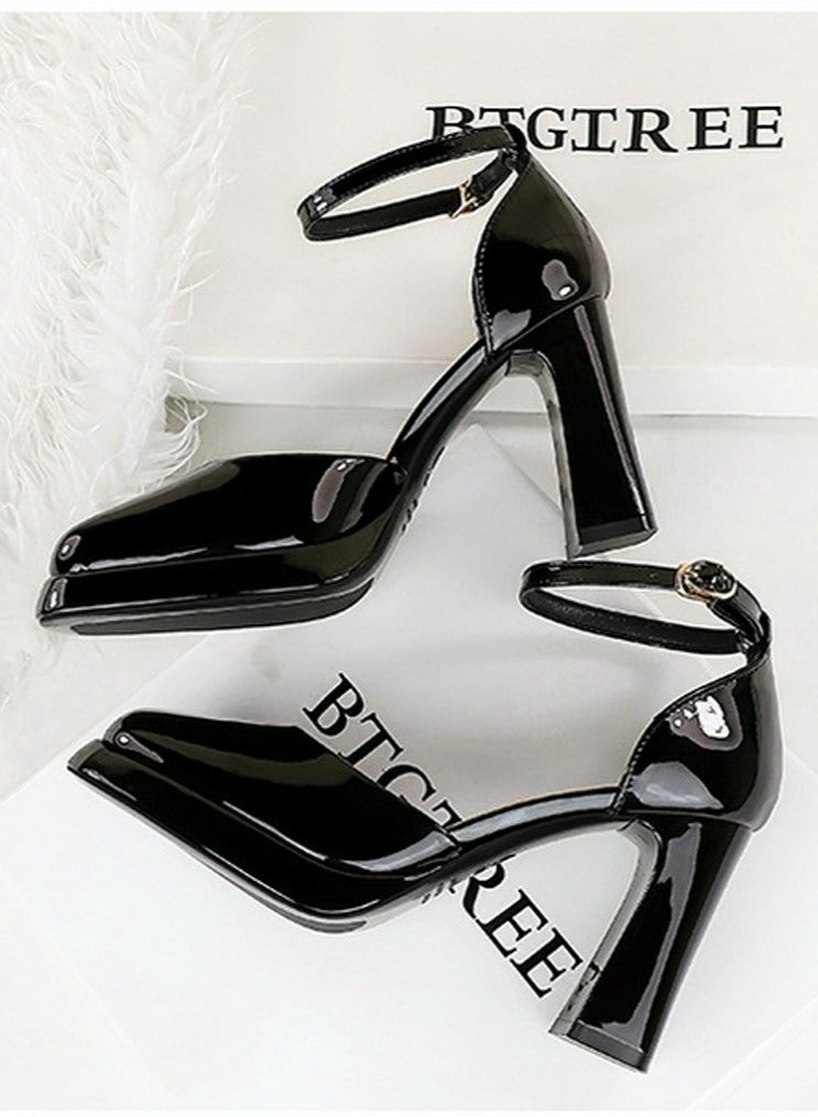 BIGTREE Womens Patent Leather Platform Chunky High Heel Square Closed Toe Pumps Black 9CM - Image 4
