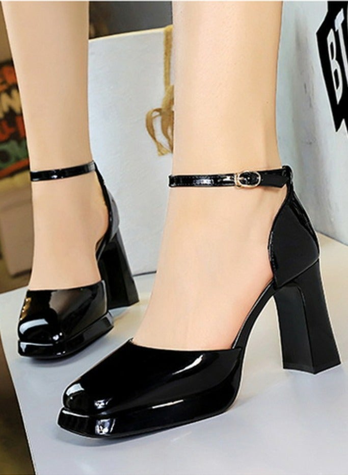 BIGTREE Womens Patent Leather Platform Chunky High Heel Square Closed Toe Pumps Black 9CM - Image 5