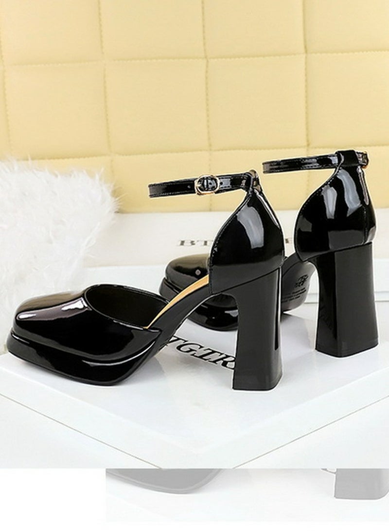BIGTREE Womens Patent Leather Platform Chunky High Heel Square Closed Toe Pumps Black 9CM - Image 3