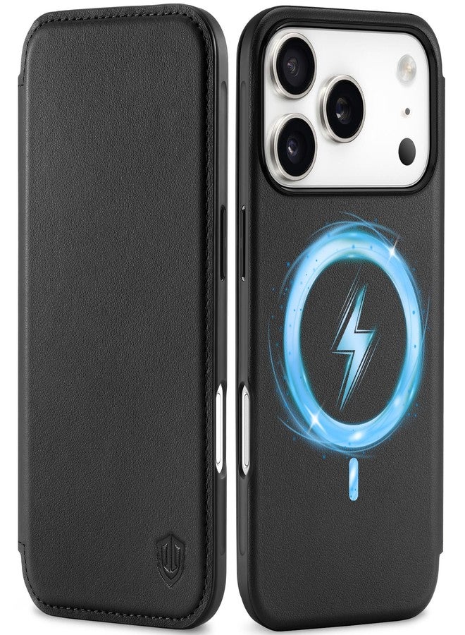 SHIELDON Genuine Leather Slim Wallet Case Compatible with iPhone 17 Pro 6.3-inch 5G 2025, Magnetic Wireless Charging, RFID Blocking, Card Holder, Shockproof, Strap Holes, Protective Flip Cover - Black - Image 1