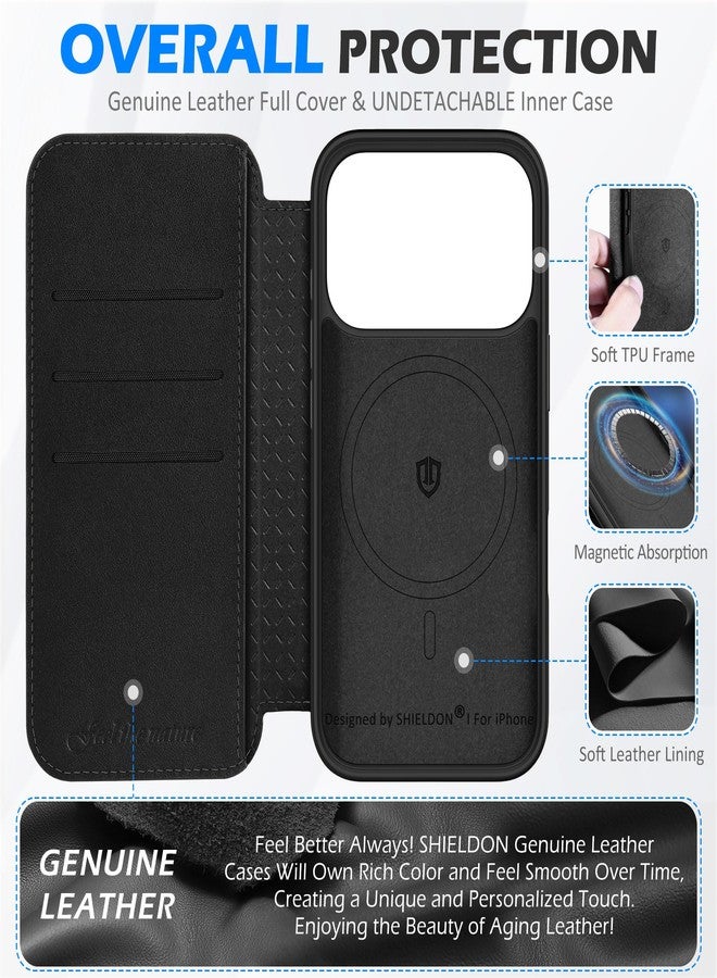 SHIELDON Genuine Leather Slim Wallet Case Compatible with iPhone 17 Pro 6.3-inch 5G 2025, Magnetic Wireless Charging, RFID Blocking, Card Holder, Shockproof, Strap Holes, Protective Flip Cover - Black - Image 3