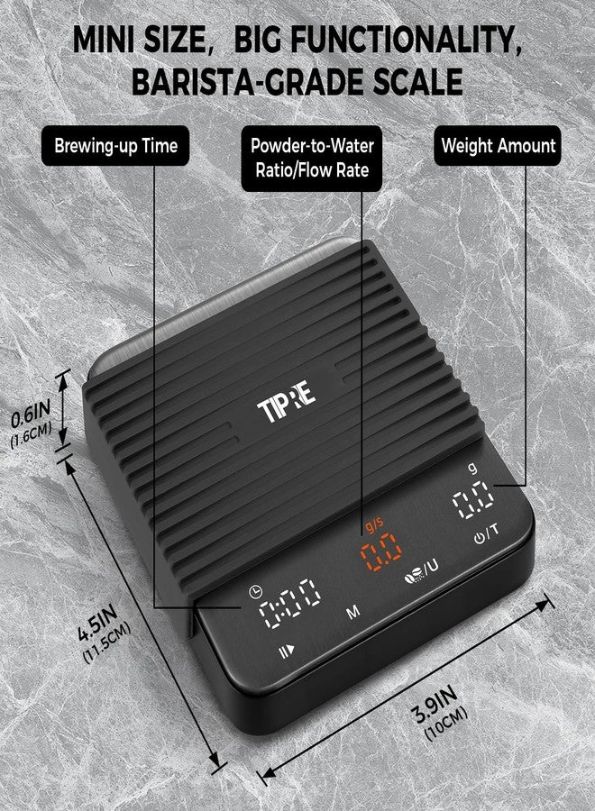 TIPRE Mini Espresso Coffee Scale with Timer & Flow Rate, 2kg/0.1g Precision Digital Coffee Scale, Portable Espresso Scale Rechargeable via USB-C, Triple Brew Modes, LED Display, Mute Mode, g/oz/lb:oz - Image 3