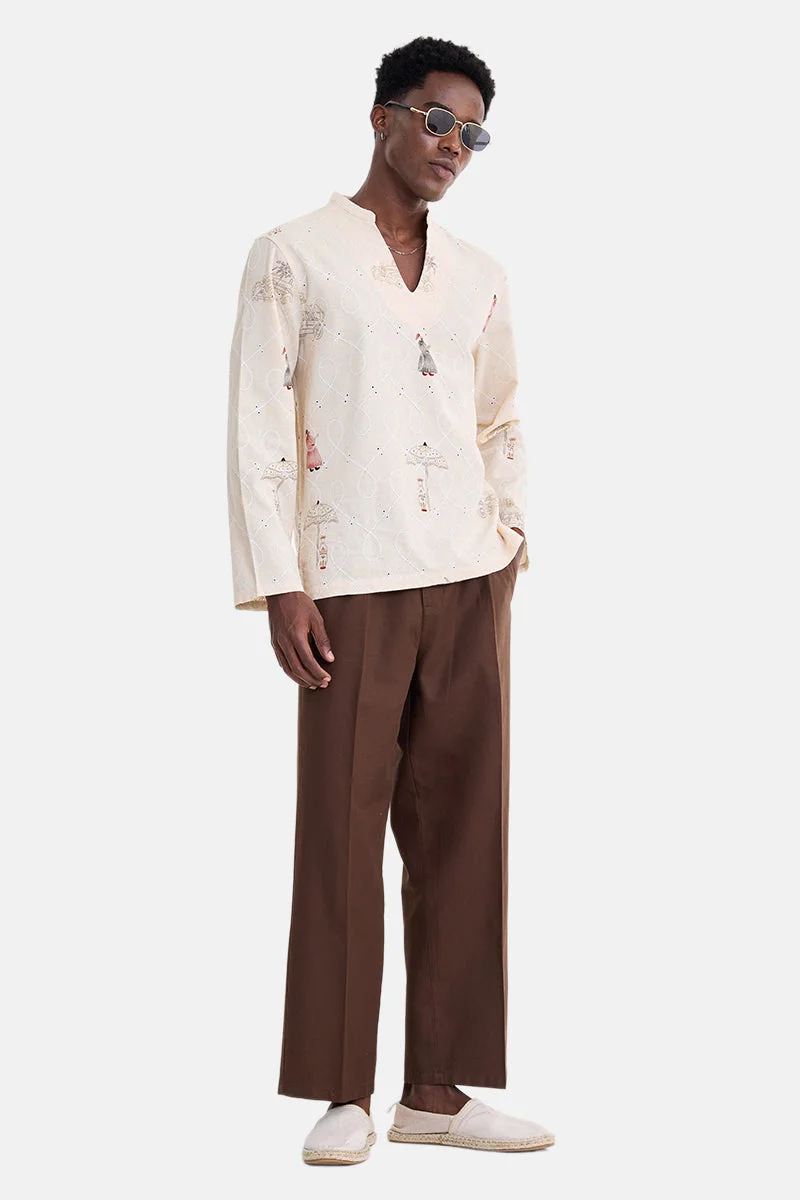 سنيتش Cream Embroidered Long Sleeve Regular Fit Party Shirt