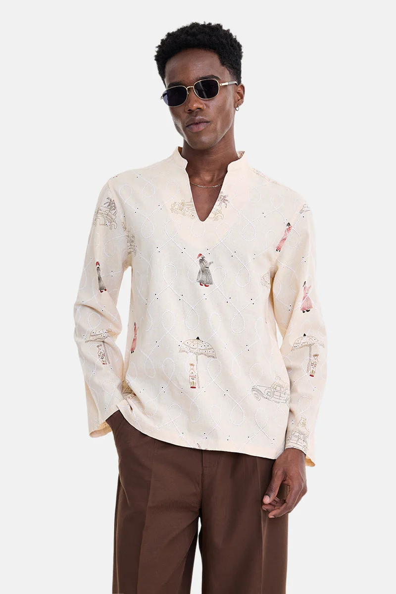 سنيتش Cream Embroidered Long Sleeve Regular Fit Party Shirt