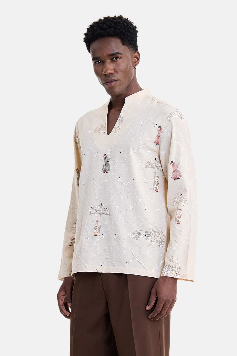 سنيتش Cream Embroidered Long Sleeve Regular Fit Party Shirt