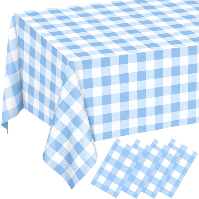 QISOLIY 4 Pcs Light Blue Gingham Tablecloth Blue Disposable Plastic Checkered Table Cloths For Parties Disposable, Waterproof Rectangular Blue Table Cover For Camping, Birthday, Party, Picnic 54    108 Inch - Image 1