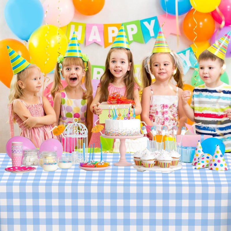 QISOLIY 4 Pcs Light Blue Gingham Tablecloth Blue Disposable Plastic Checkered Table Cloths For Parties Disposable, Waterproof Rectangular Blue Table Cover For Camping, Birthday, Party, Picnic 54    108 Inch - Image 3