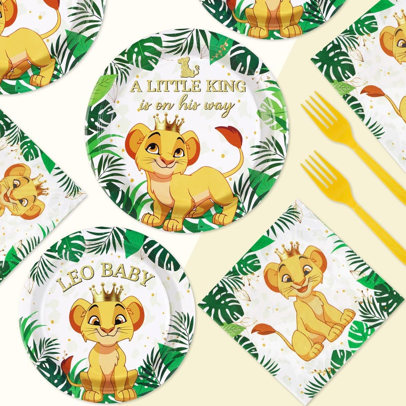 Grencian 96 PCS Lion Baby Shower Supplies - 350GSM Jungle Lion Party Plates, Napkins & Tableware Sets - A Little King is on His Way - Safari Baby Shower Birthday Party Favors - Serves 24 - Image 5