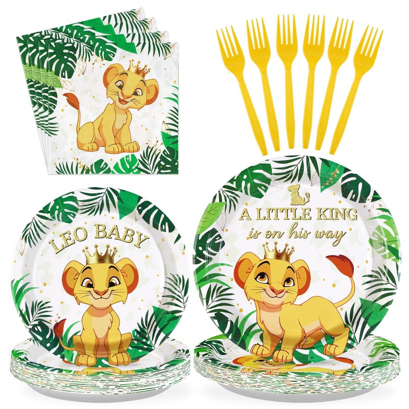 Grencian 96 PCS Lion Baby Shower Supplies - 350GSM Jungle Lion Party Plates, Napkins & Tableware Sets - A Little King is on His Way - Safari Baby Shower Birthday Party Favors - Serves 24 - Image 1